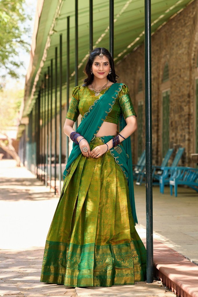 Green Kanjivaram Lehenga for women with a customizable blouse and embroidered dupatta, perfect for USA festive occasions.