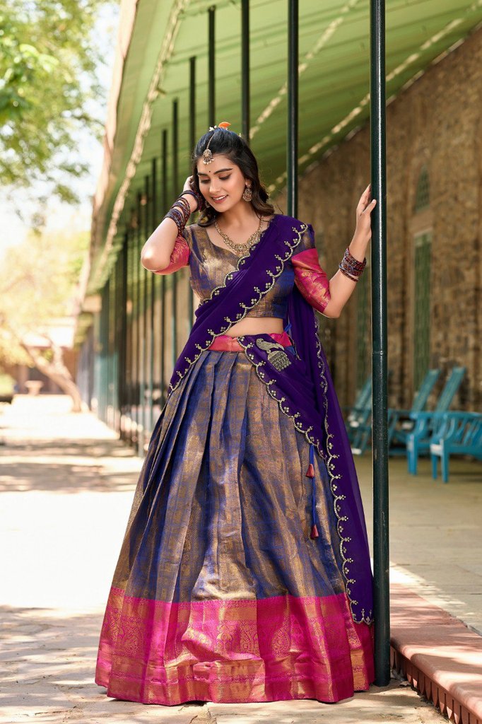 Vibrant purple Kanjivaram Lehenga for women with a customizable blouse and embroidered dupatta, perfect for special occasions in the USA.