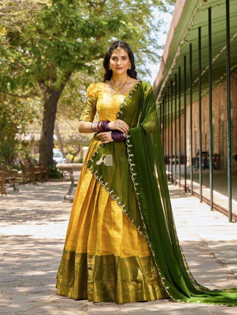 Bright yellow Kanjivaram Lehenga for women with a customizable blouse and embroidered dupatta, designed for USA weddings and cultural events.