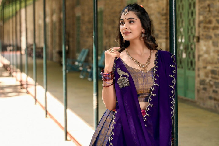 Gorgeous purple Kanjivaram Lehenga with a custom blouse and embroidered dupatta, made for USA brides and cultural events.