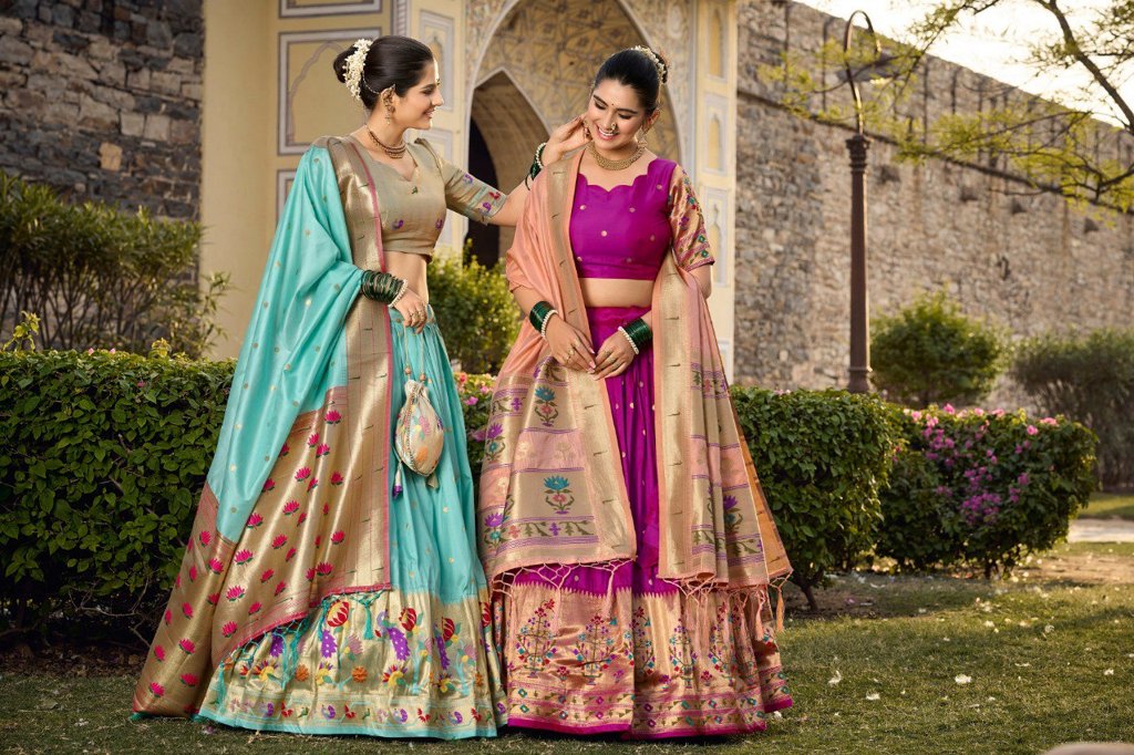 Elegant peach jacquard silk lehenga with delicate zari embroidery, paired with a matching blouse for cultural events.