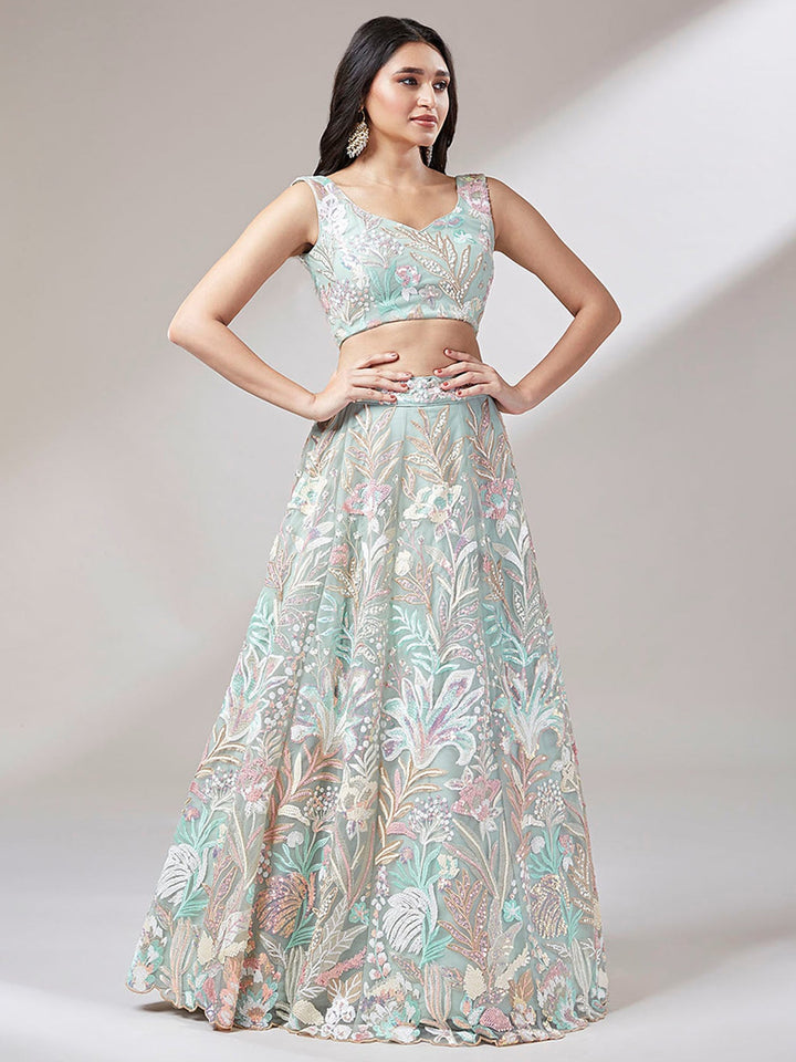 Pista Green Lehenga | Bridal Lehenga Set with Sequin and Embroidered Details