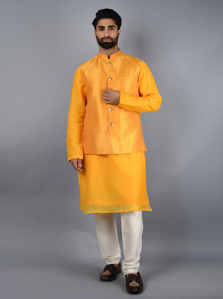 Vibrant yellow Bandhgala jacket designed to turn heads at weddings and special occasions.