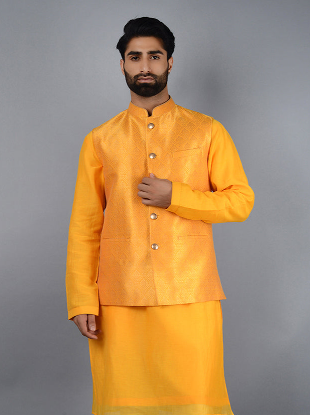 Vibrant Yellow Bandhgala Jacket | Silk Blend for Festive Occasions