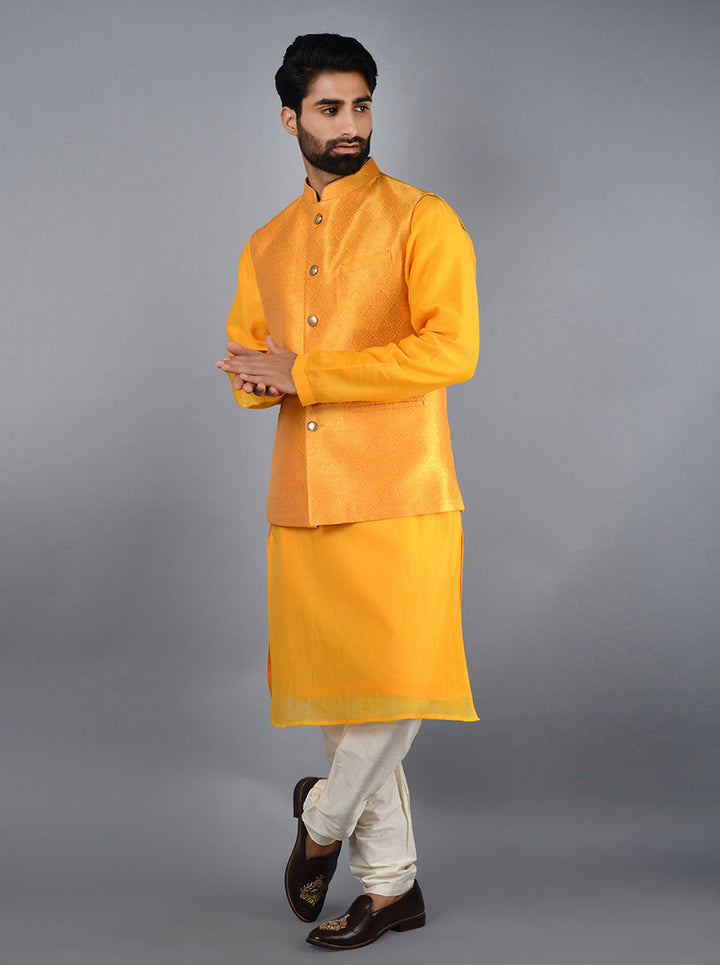 Eye-catching yellow Bandhgala jacket with unique texture, perfect for parties and festive events.