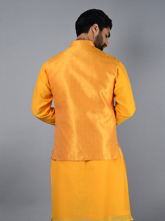 Vibrant Yellow Bandhgala Jacket | Silk Blend for Festive Occasions