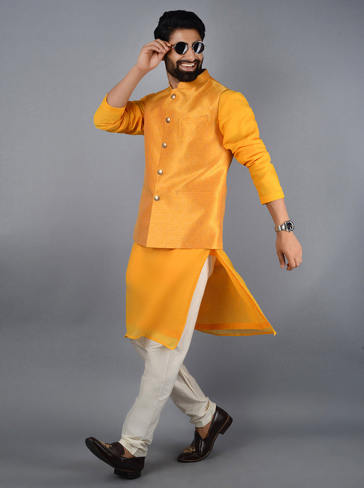 Luxurious yellow Bandhgala jacket crafted for stylish men, ideal for making a statement at any event.