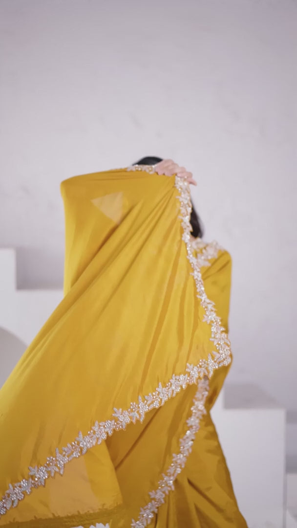 Mustard Crepe Silk Saree | Moti Hand Work Elegant Party Wear Look