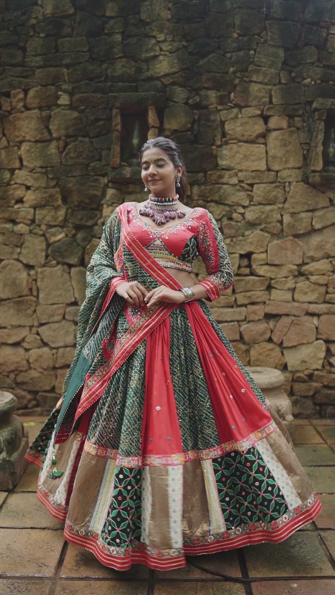 Red and Green Bandhani Patchwork Lehenga Choli | Vibrant Festive Attire from India