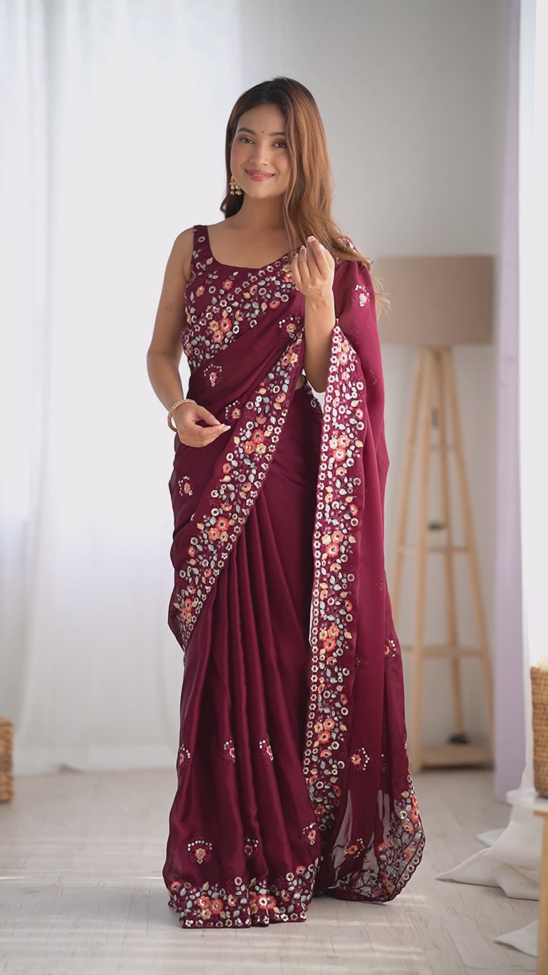 Elegant Satin-Chiffon Saree | Multi-Thread & Sequence Embroidery for Weddings