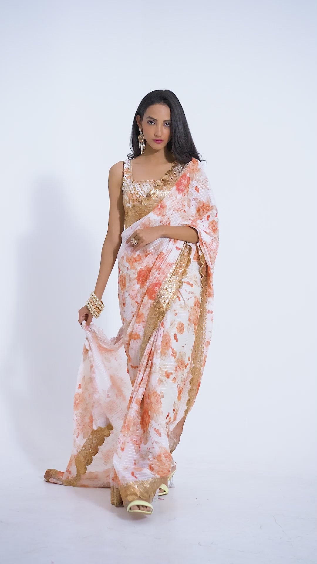 Designer Floral Print Saree in Organza | Sequin Embroidery Details