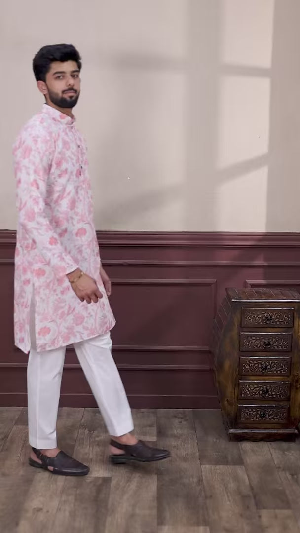 Premium Pink Linen Kurta | Trendy Designer Digital Printed Set