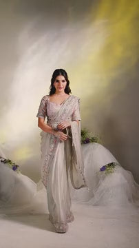 Luxurious Cream Satin Silk Saree | Elegant Sari with Moti & Sequins Details