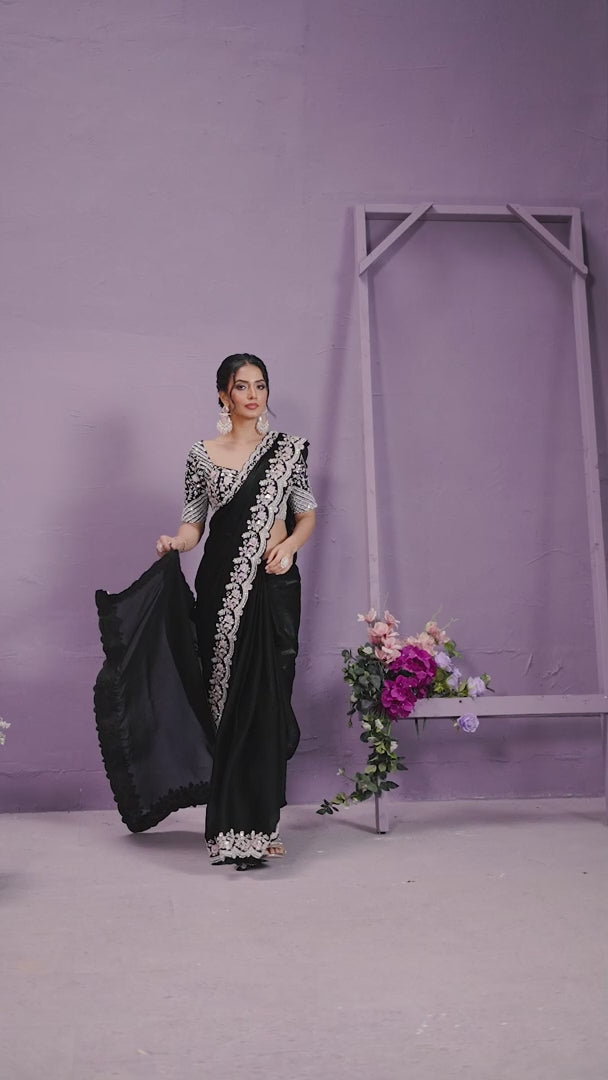 Elegant Two-Tone Satin Silk Saree with Heavy Embroidery | Special Event Glam