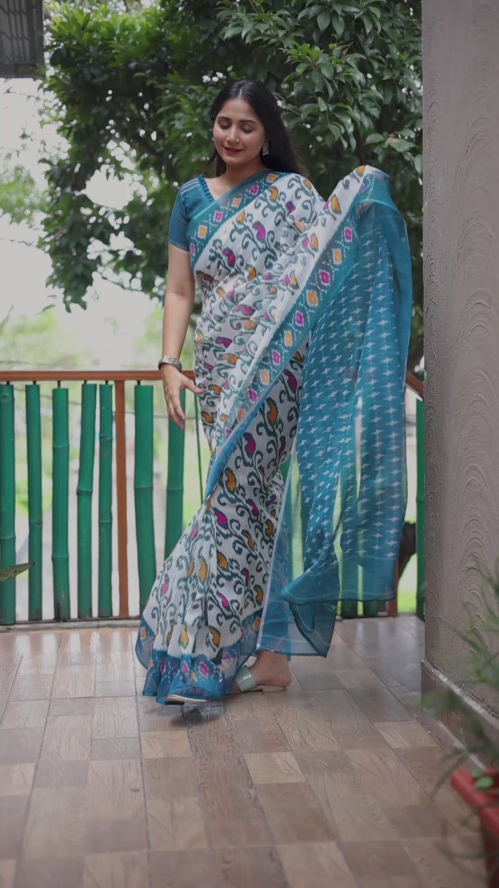 Linen Digital-Printed Saree for Special Events | Elegant Party Attire