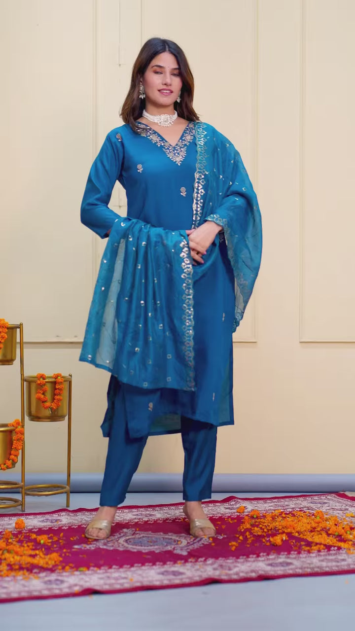 Stunning Embroidered Viscose Chanderi | Salwar Suit with Dupatta