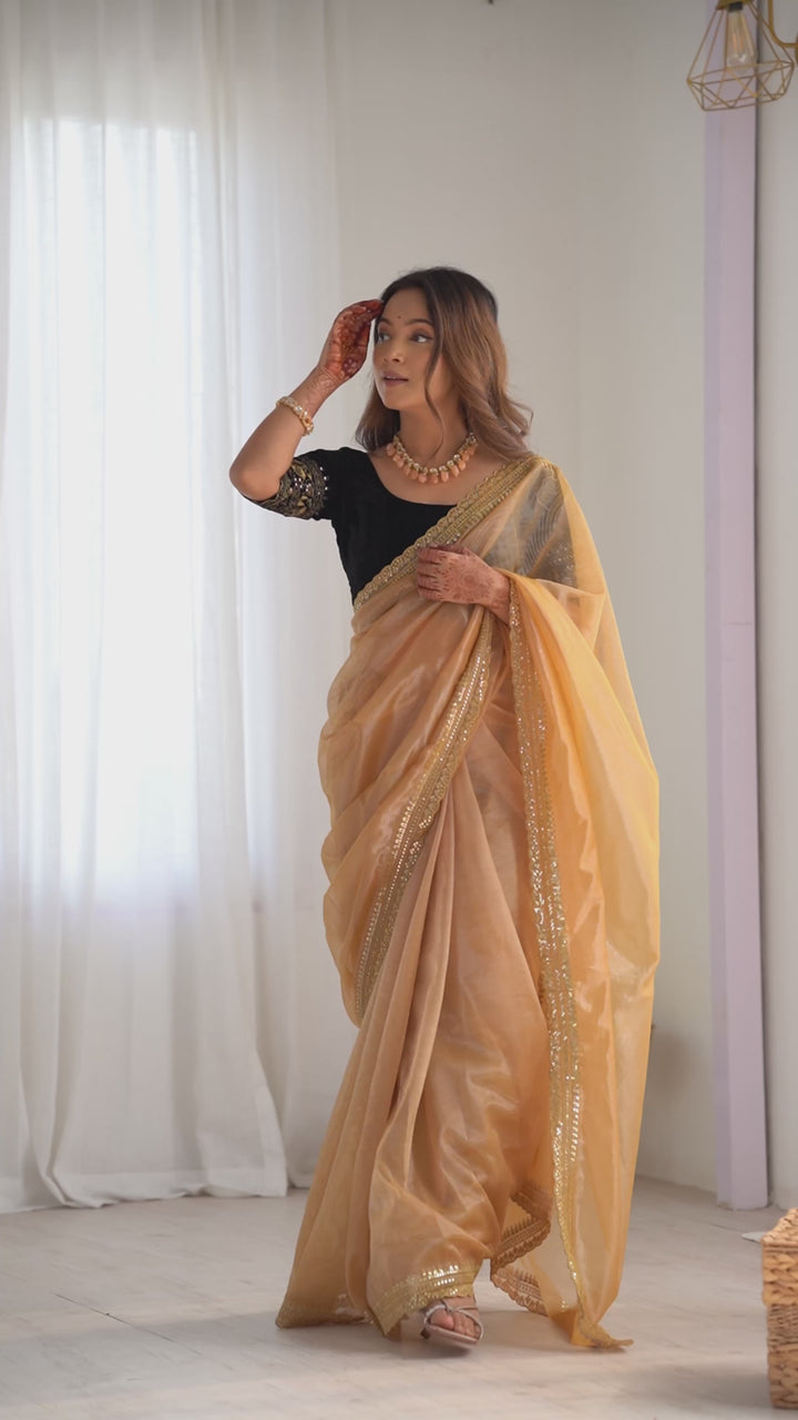 Partywear Twill Net Saree | Sequins Embroidery & Gold Jari Work