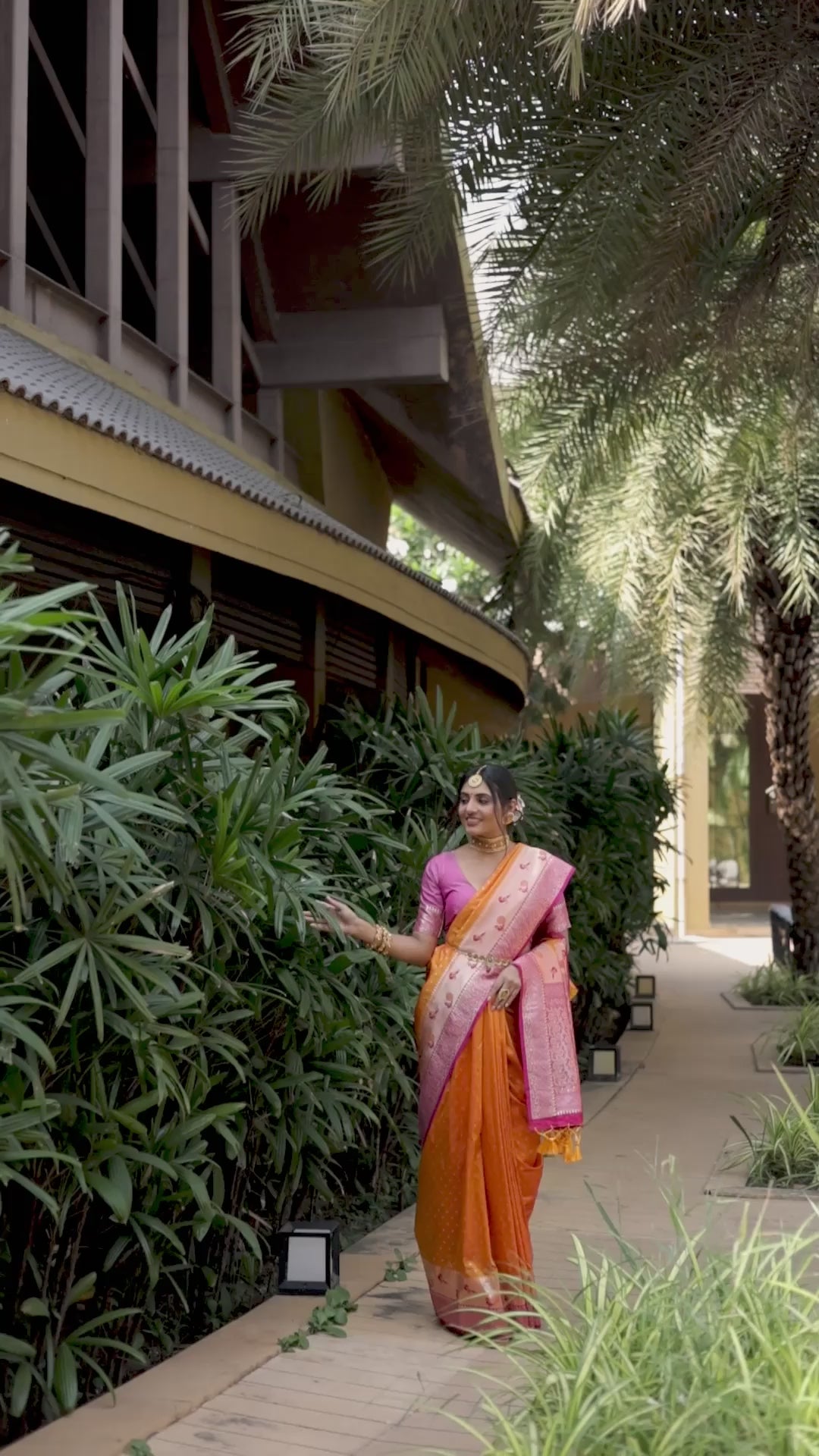 Orange Indian sari featuring a Banarasi silk design with a contrast peacock border and zari pallu. Perfect for festive wear and Indian weddings.