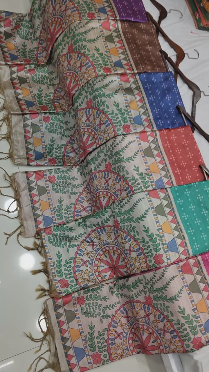 Soft Tussar Silk | Designer Saree with Madhubani Print on Pallu