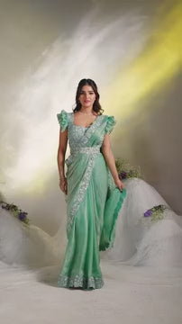 Stunning Sea Green Satin Silk Saree | Sequins & Hand Work for Elegance