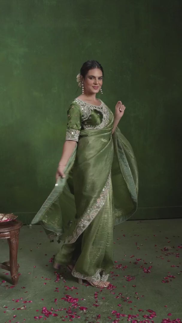 Charming Green Crush Paper Silk Saree with Green Blouse | A Captivating Traditional Ensemble