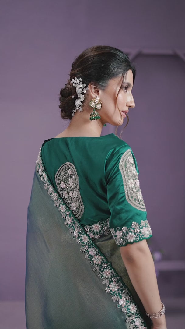 Elegant Glass-Tissue Saree | Heavy Embroidery & Patch-Work for Events