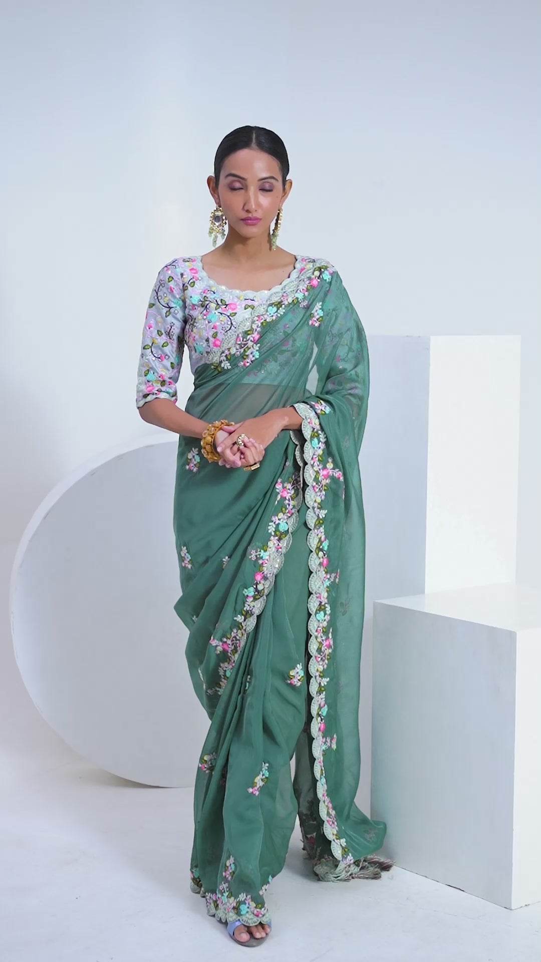 Olive Green Organza Saree | Art Silk Blouse with Floral Embroidery