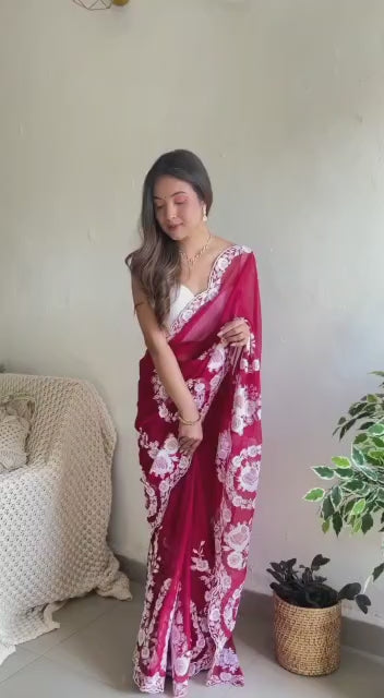 Partywear Thai Organza Silk Saree | Thread Embroidery & Cut Dana Work