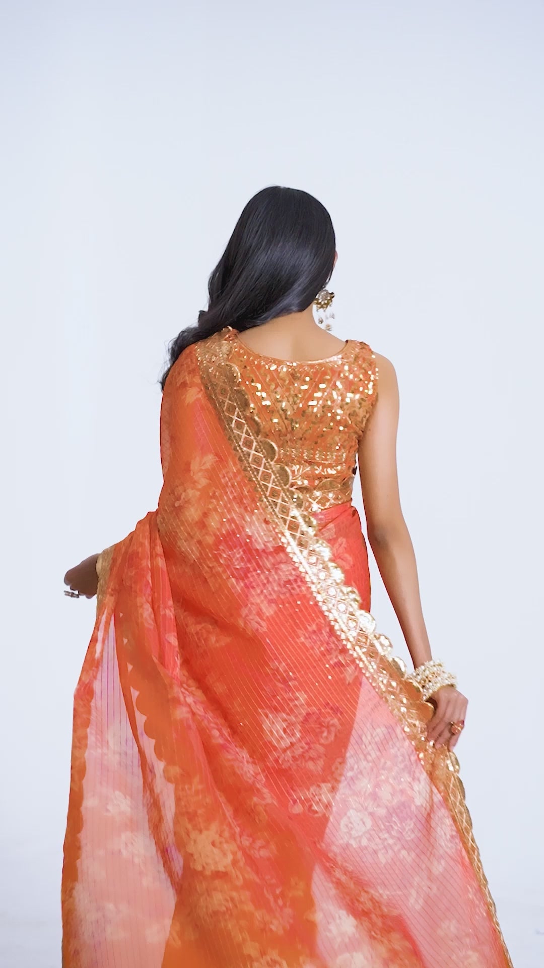 Designer Floral Print Saree in Organza | Sequin Embroidery Details