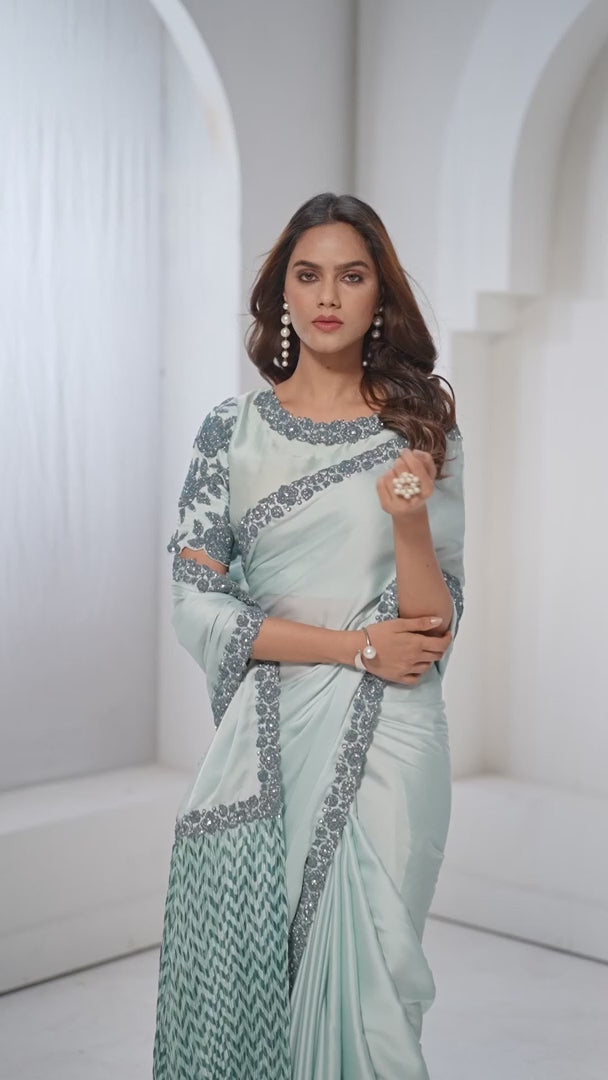 Elegant Crepe-Satin-Silk Saree with Banarasi Blouse | Sequence & Jardozi Work