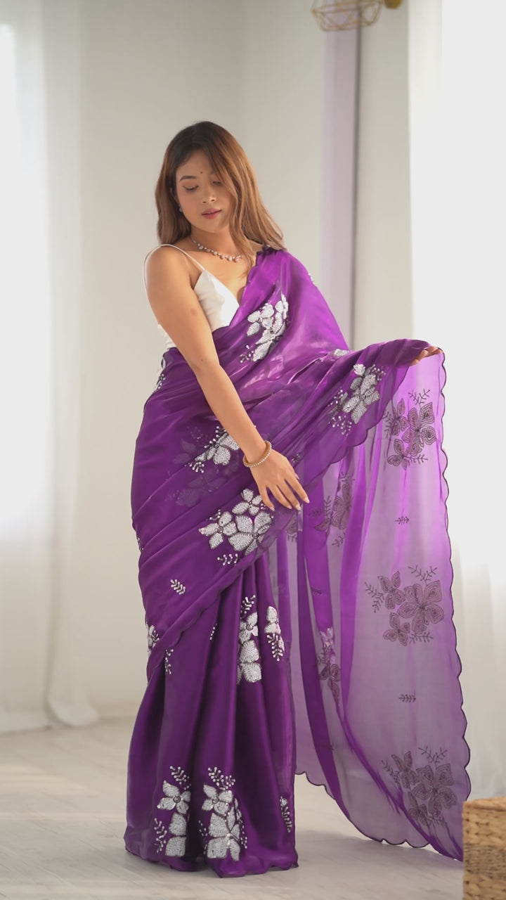 Designer Jimmy Choo Saree | Satin Silk Blouse | Sequined Embroidery Work