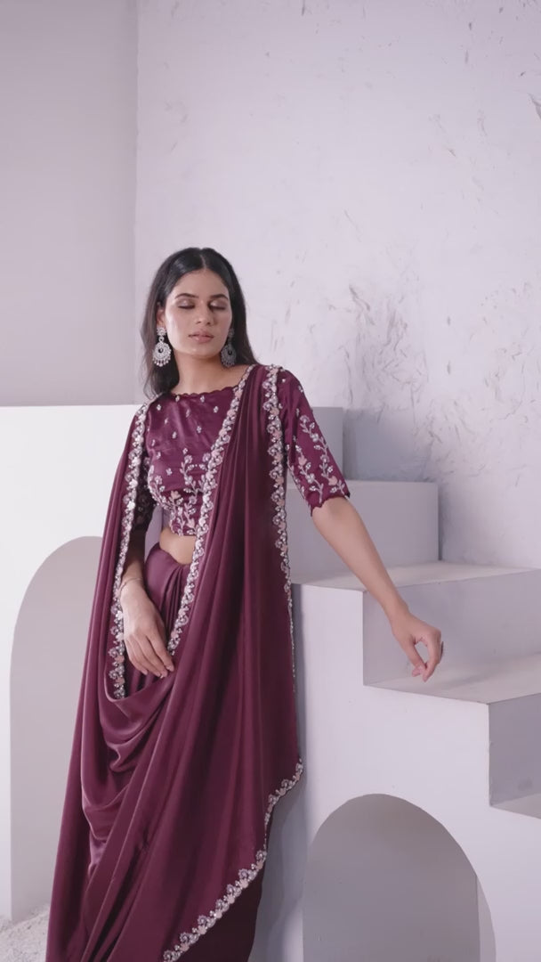 Soft Wine Saree Crepe Satin Silk | Moti & Sequence Embroidery Party Wear