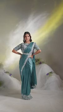 Aqua Blue Saree | Satin Silk Elegance with Intricate Handwork