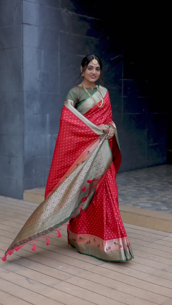 Traditional Red Indian saree with a gorgeous peacock border and zari pallu. Perfect for adding elegance to weddings and festive occasions.