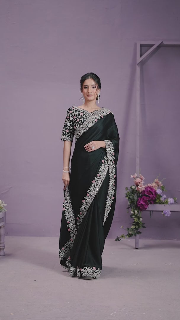 Luxury Satin-Silk Saree | Heavy Real Mirror Embroidery Moti Work for Weddings