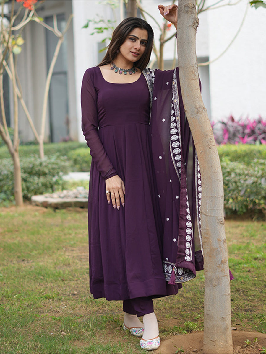 Spectacular Purple Georgette Anarkali Pant Suit With Dupatta