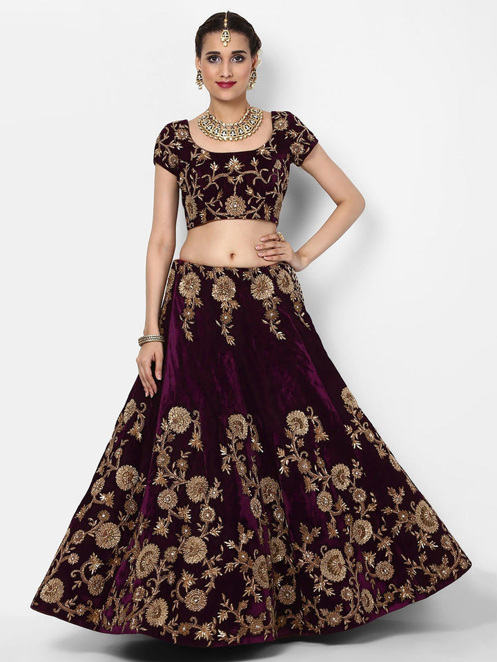 Purple Velvet Lehenga Choli | Customizable with Resham & Lace Work