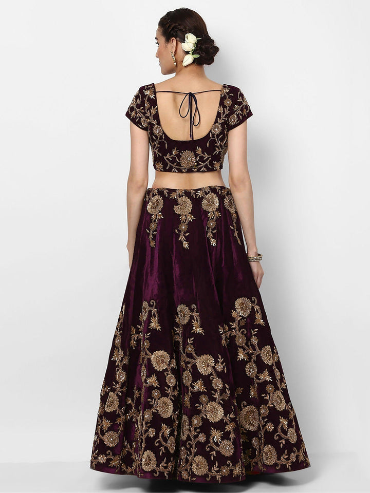 Purple Velvet Lehenga Choli | Customizable with Resham & Lace Work