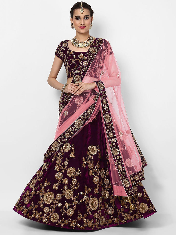 Purple Velvet Lehenga Choli | Customizable with Resham & Lace Work