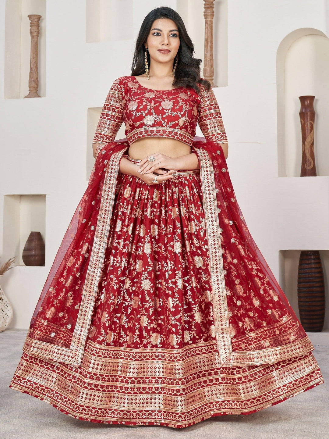 Red Jacquard Lehenga Choli | Zari Work & Lace Embroidery for Reception