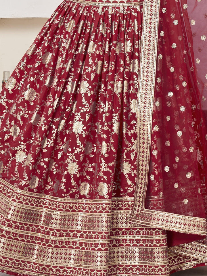 Red Jacquard Lehenga Choli | Zari Work & Lace Embroidery for Reception