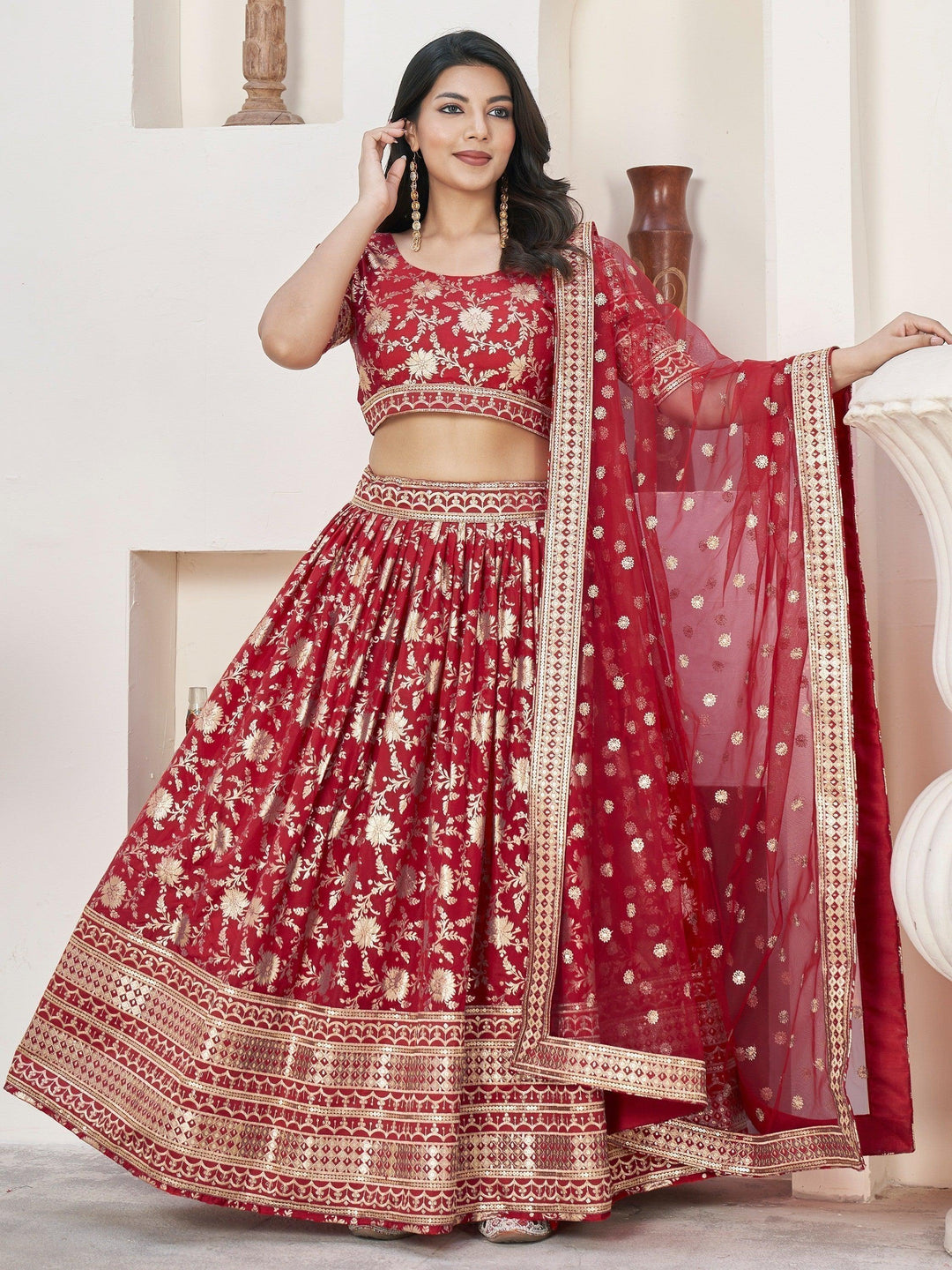 Red Jacquard Lehenga Choli | Zari Work & Lace Embroidery for Reception