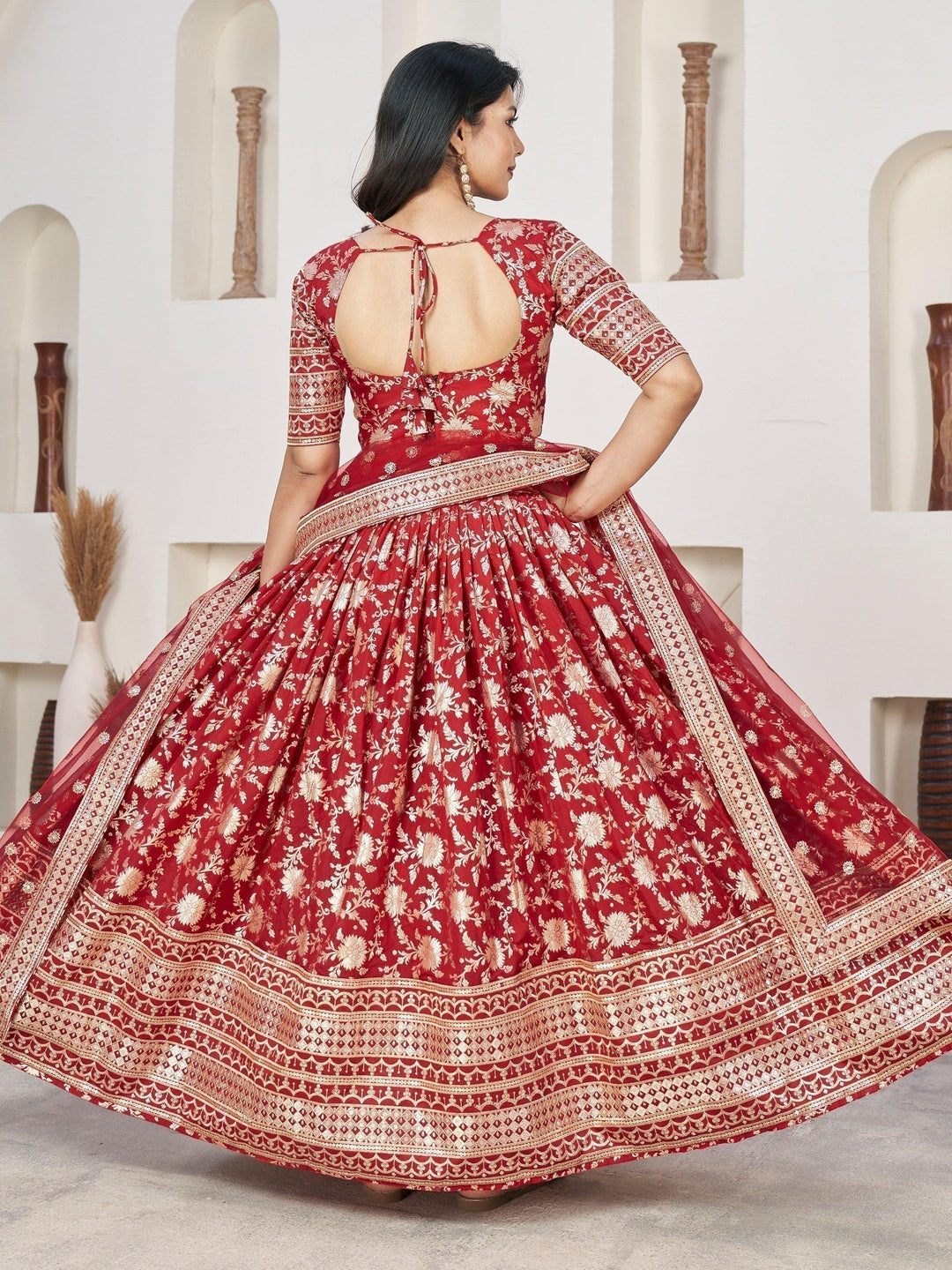 Red Jacquard Lehenga Choli | Zari Work & Lace Embroidery for Reception