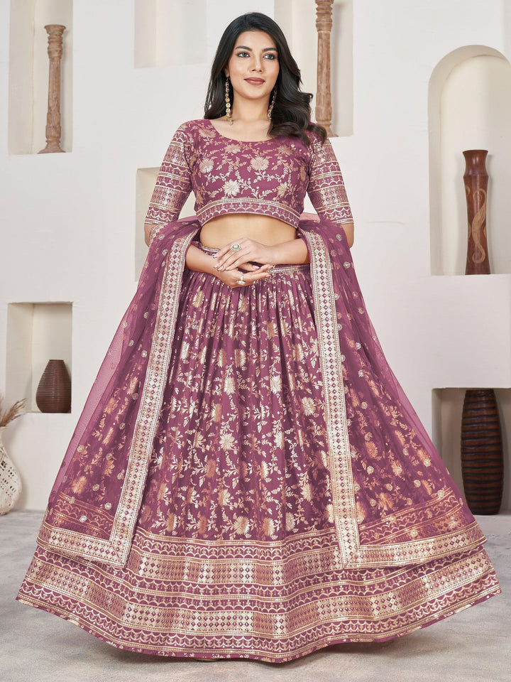 Purple Jacquard Lehenga | Bridal Wear with Lace & Zari Work