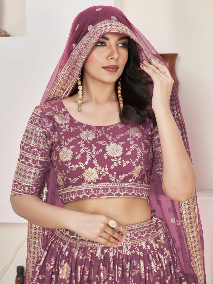 Purple Jacquard Lehenga | Bridal Wear with Lace & Zari Work