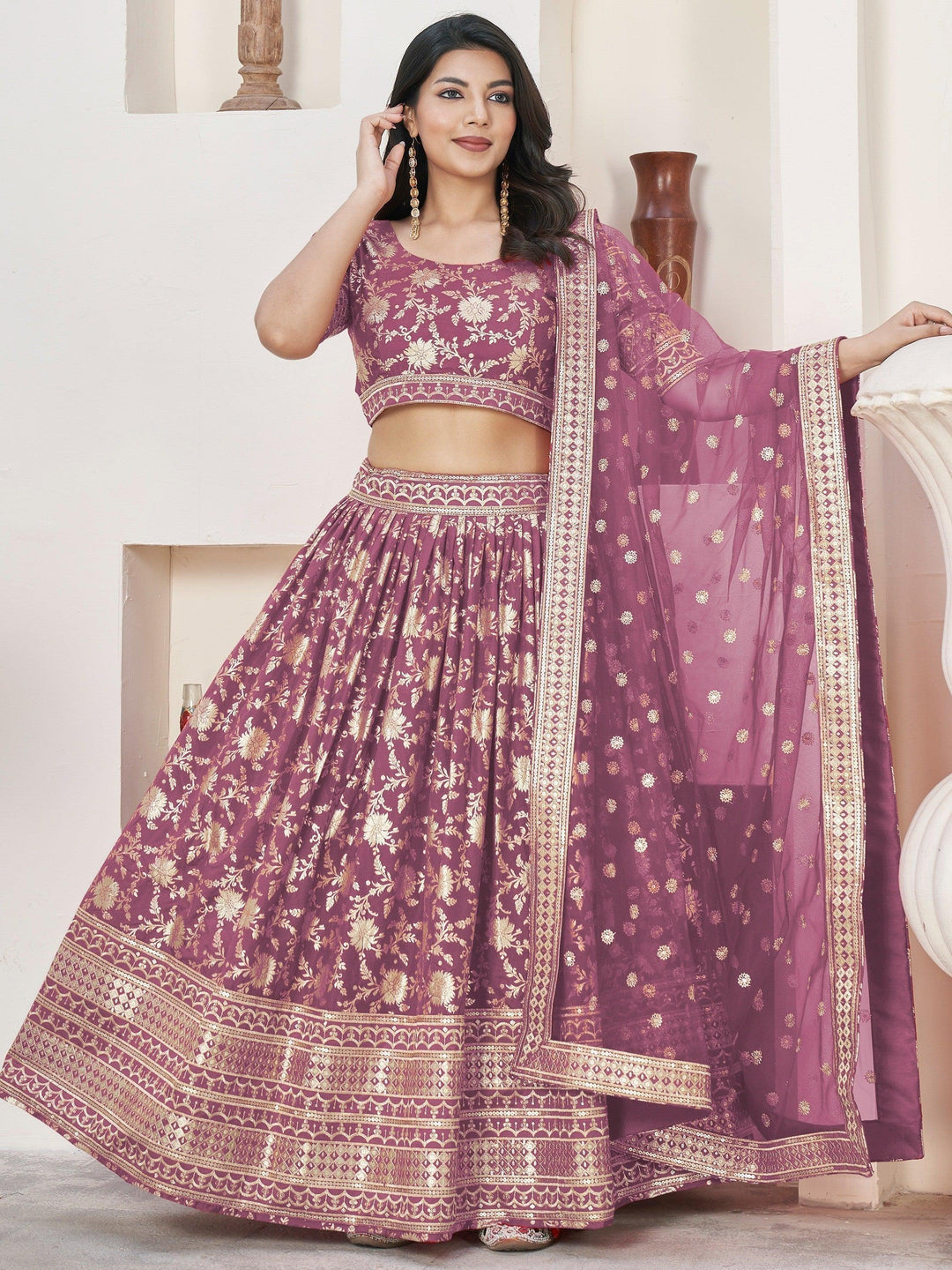 Purple Jacquard Lehenga | Bridal Wear with Lace & Zari Work