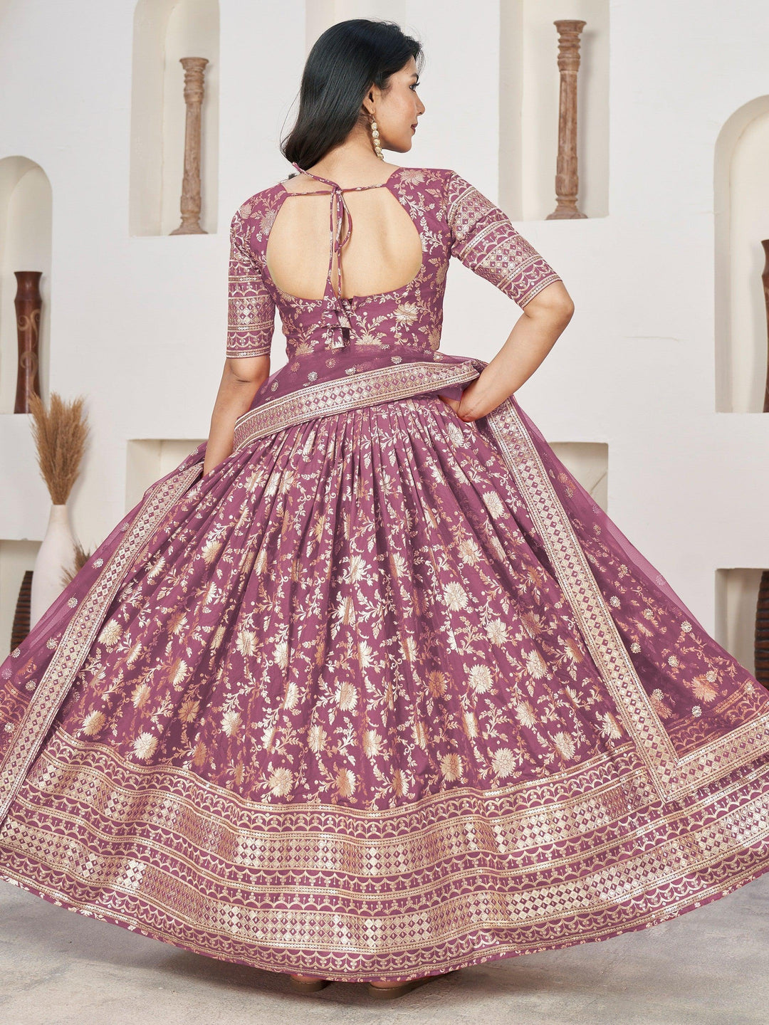 Purple Jacquard Lehenga | Bridal Wear with Lace & Zari Work