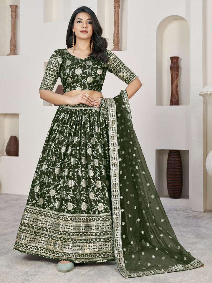 Timeless Olive Green Jacquard Lehenga Choli | Sequins & Embroidered Work