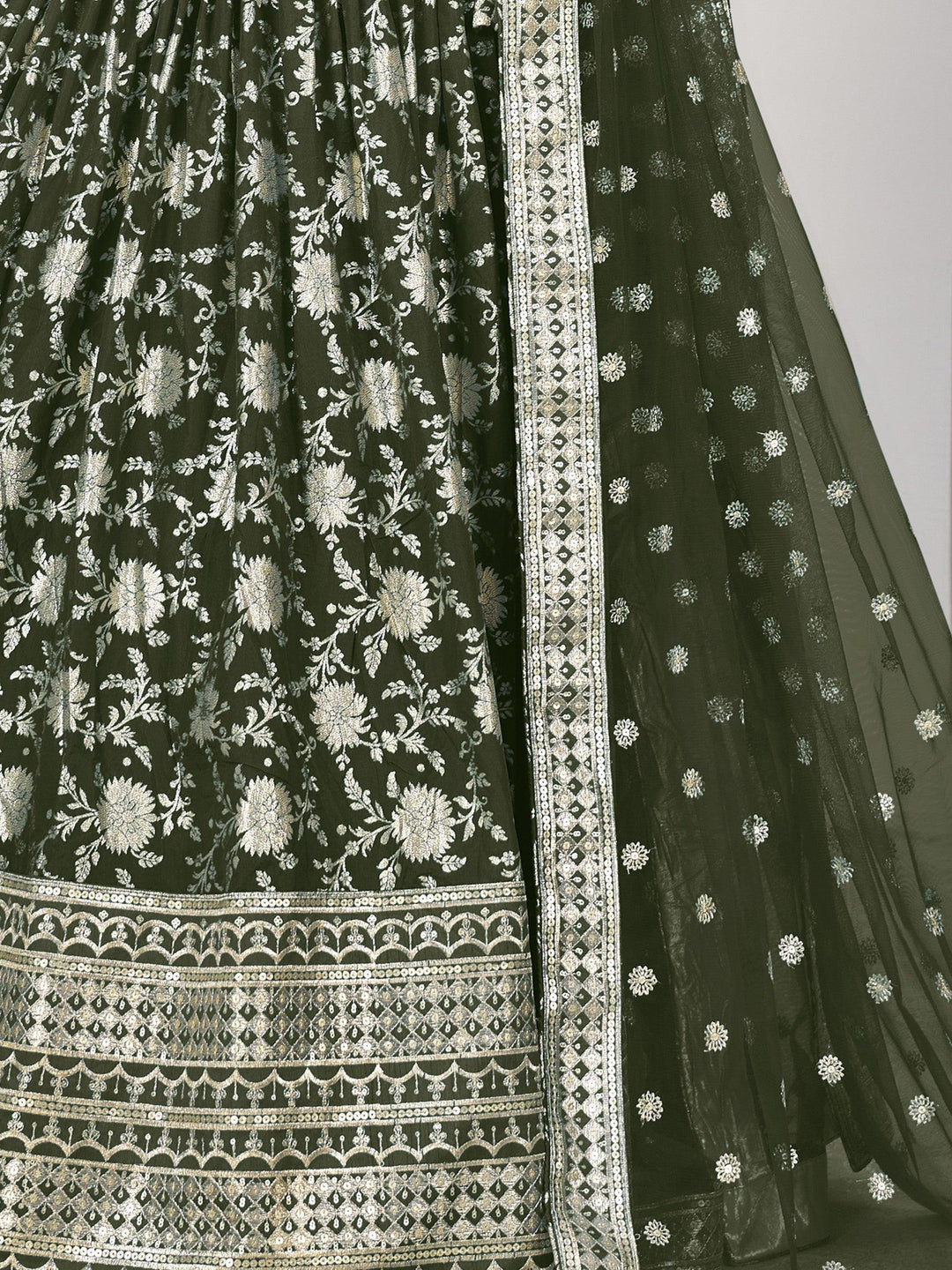 Timeless Olive Green Jacquard Lehenga Choli | Sequins & Embroidered Work