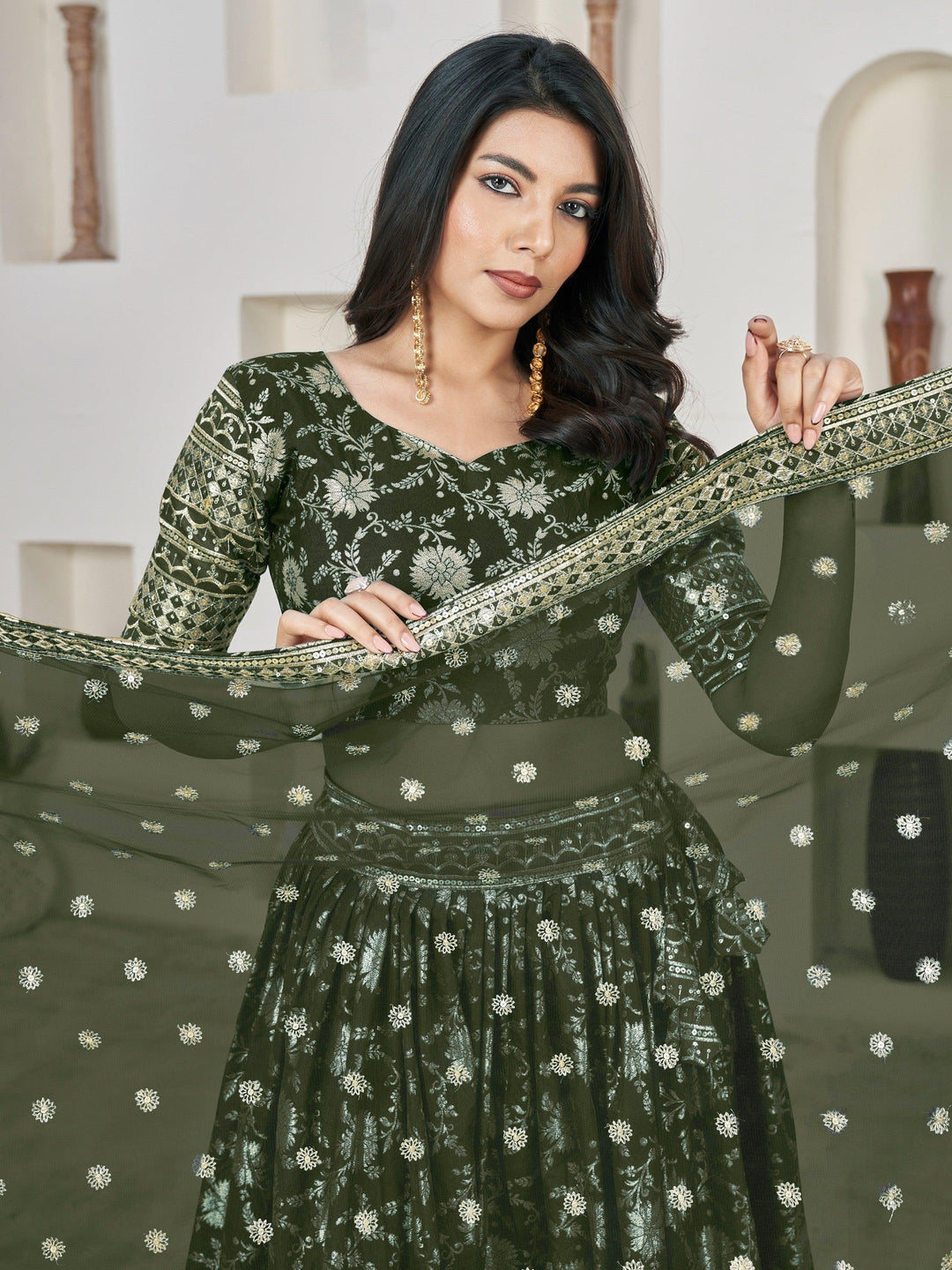 Timeless Olive Green Jacquard Lehenga Choli | Sequins & Embroidered Work